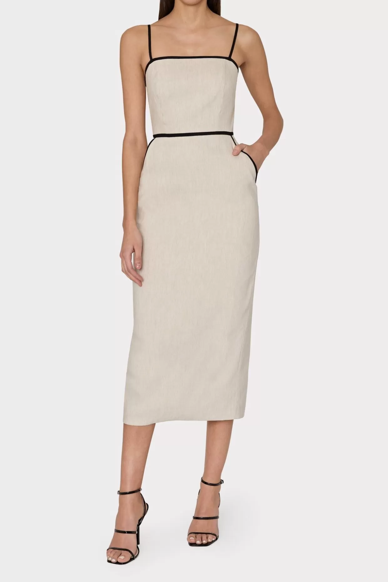 Guest Of Dresses-MILLY Amara Linen Contrast Midi Dress Natural