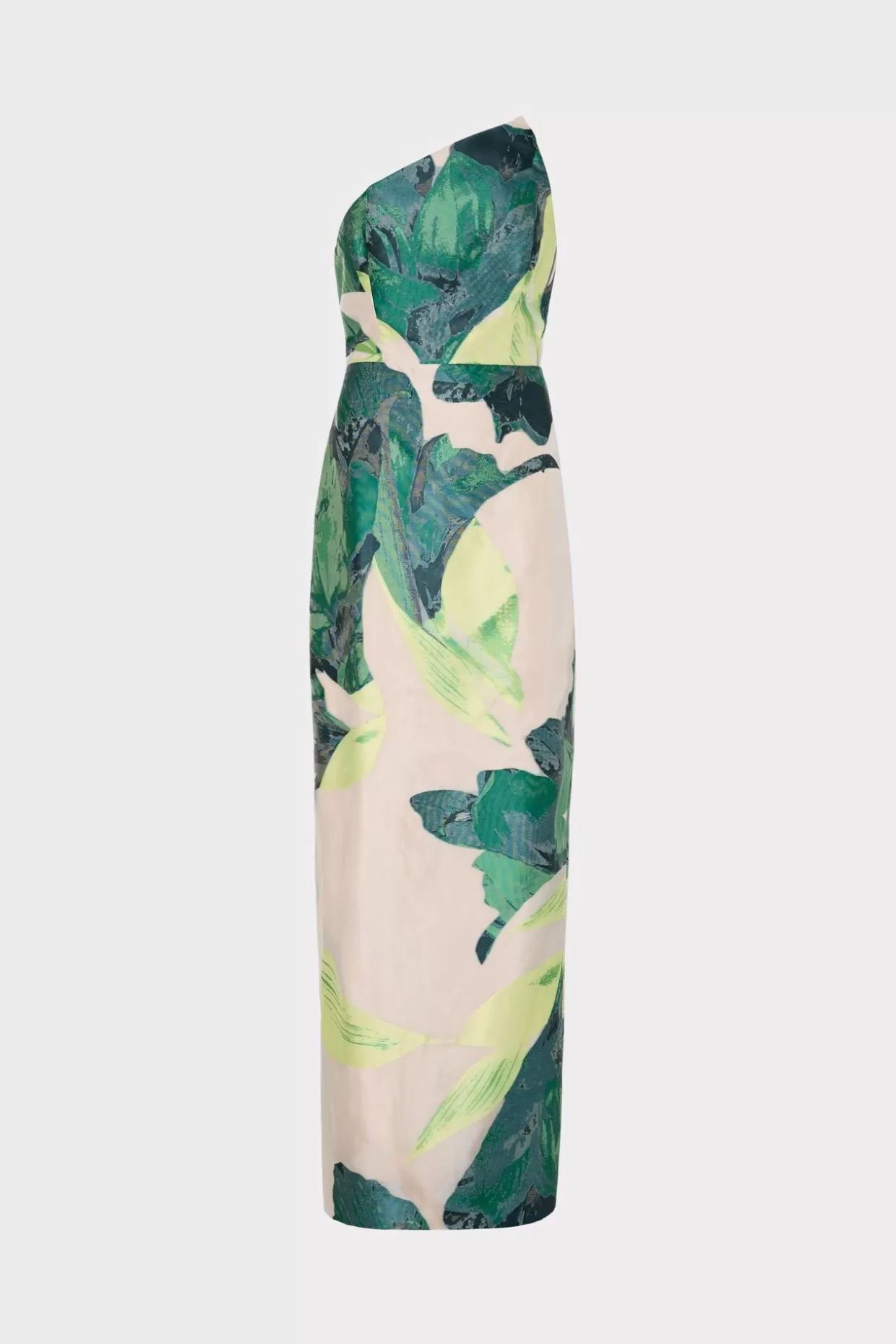 Evening Gowns-MILLY Asymetrical Tropical Forest Jacquard Midi Dress Green Multi