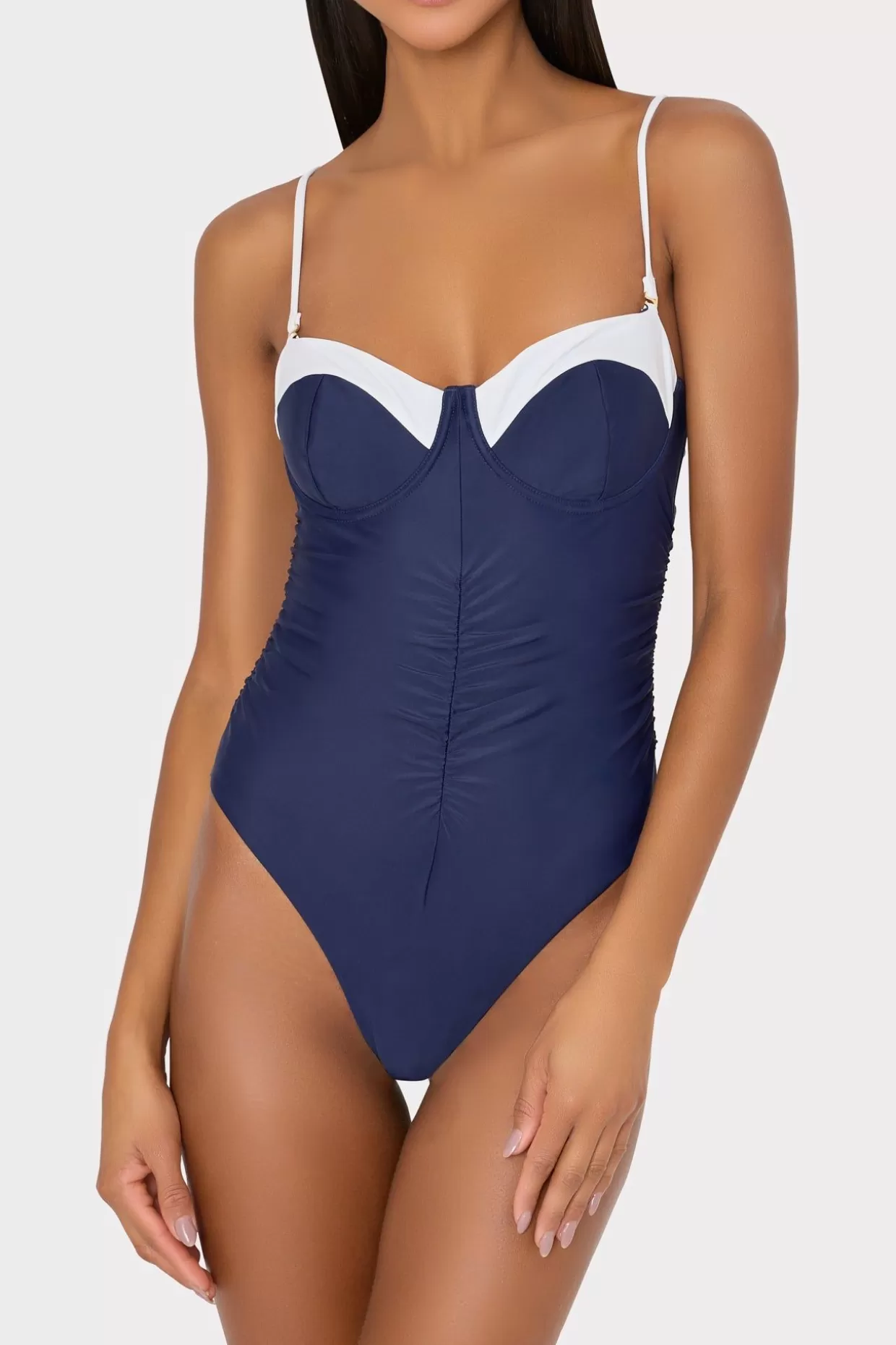 One Piece Swimsuits-MILLY Color Block Ruched One Piece Navy/White