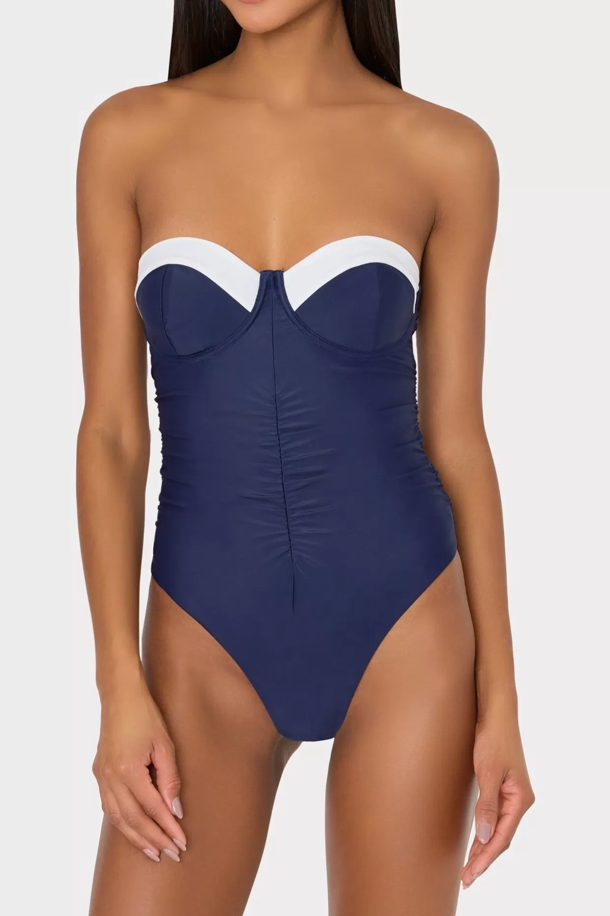 One Piece Swimsuits-MILLY Color Block Ruched One Piece Navy/White