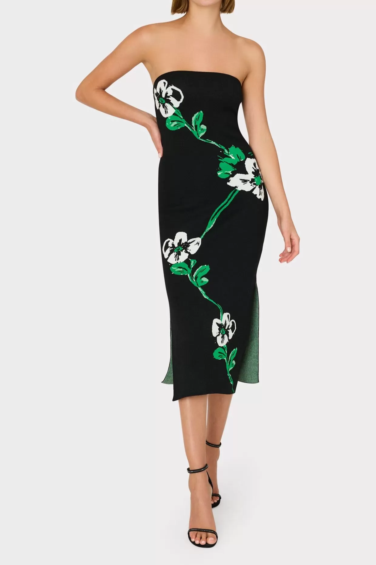 Cocktail Dresses-MILLY Floral Jacquard Strapless Midi Dress Black Multi