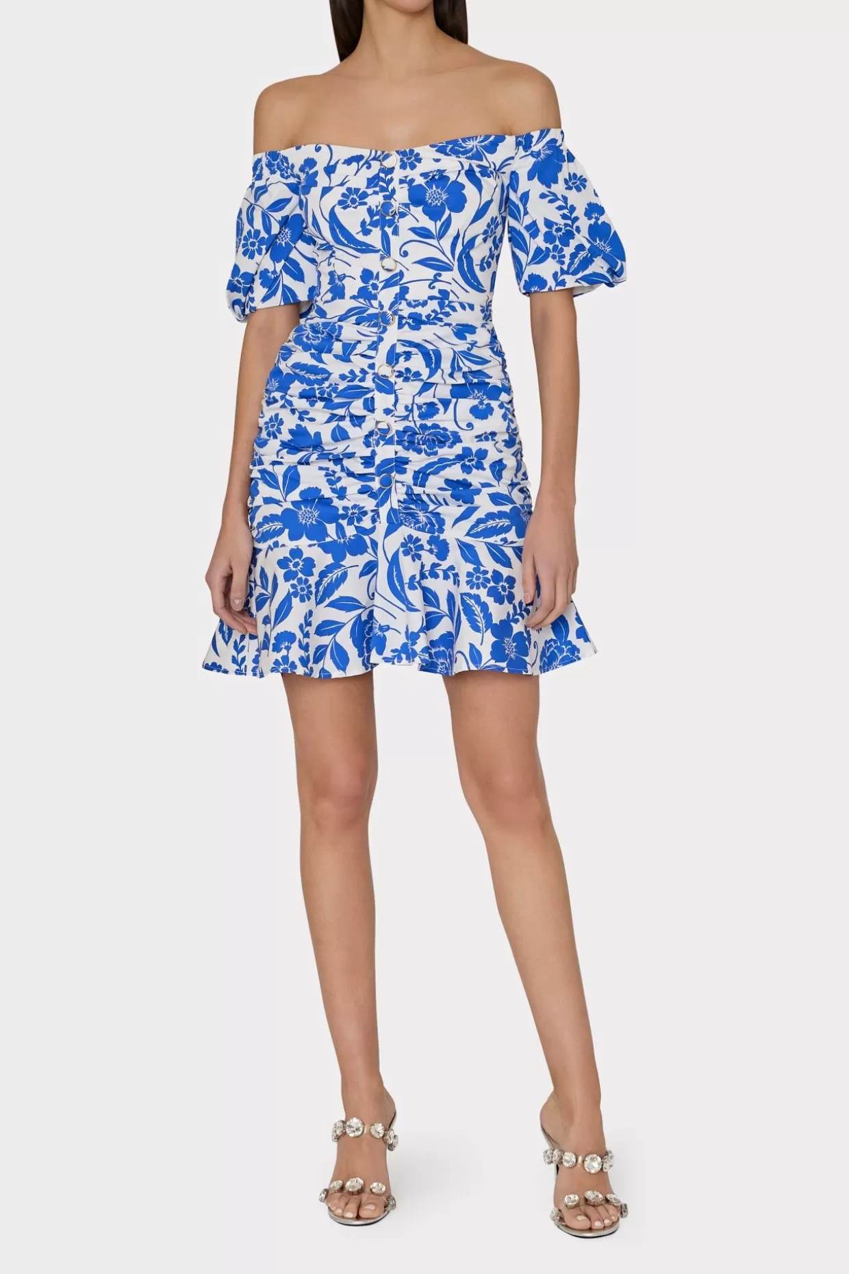 Mini Dresses-MILLY Flowers Of Spain Off The Shoulder Dress Blue/White