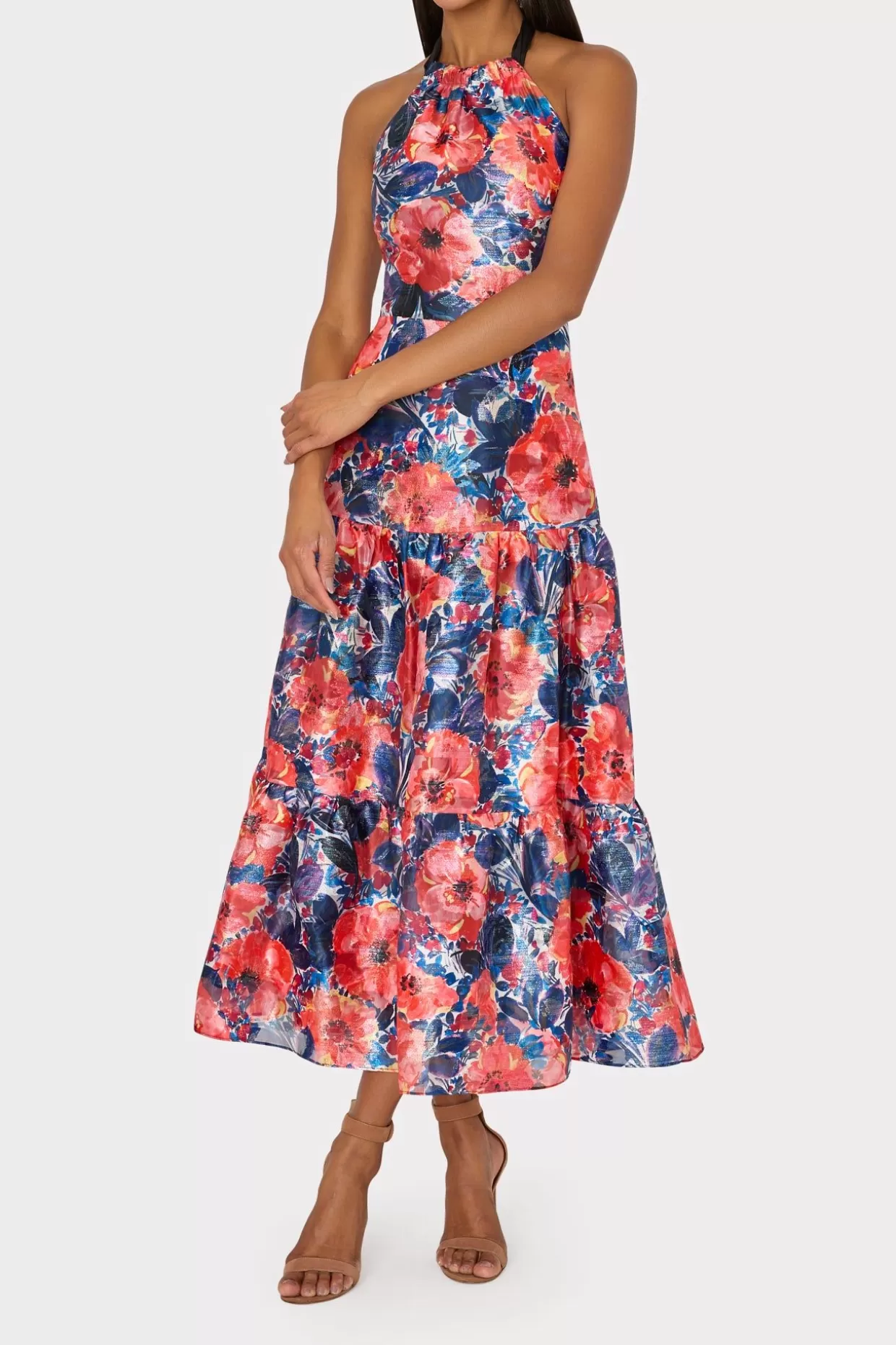 Evening Gowns-MILLY Hayden Watercolor Poppy Jacquard Dress Red Multi