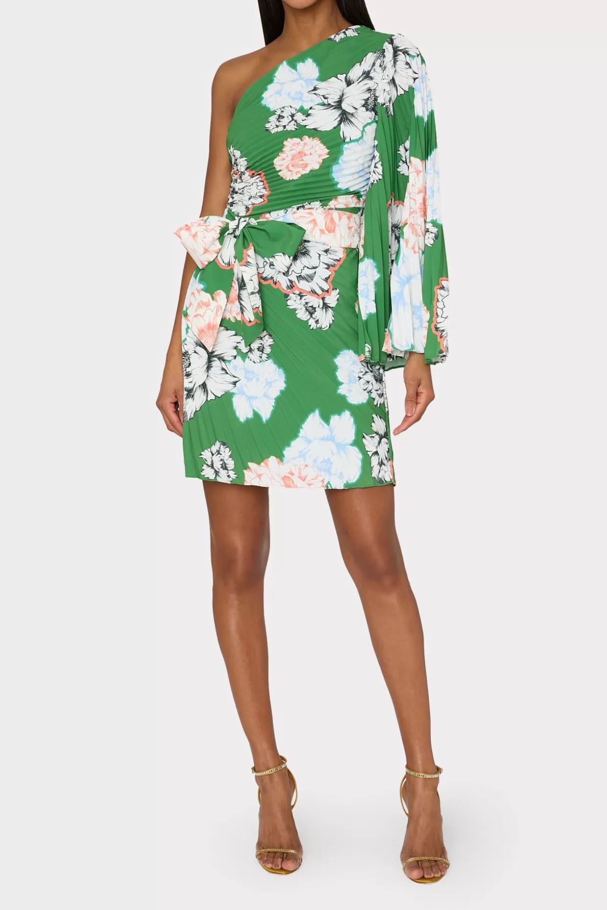 Mini Dresses-MILLY Linden Petals In Bloom Pleated Dress Green Multi