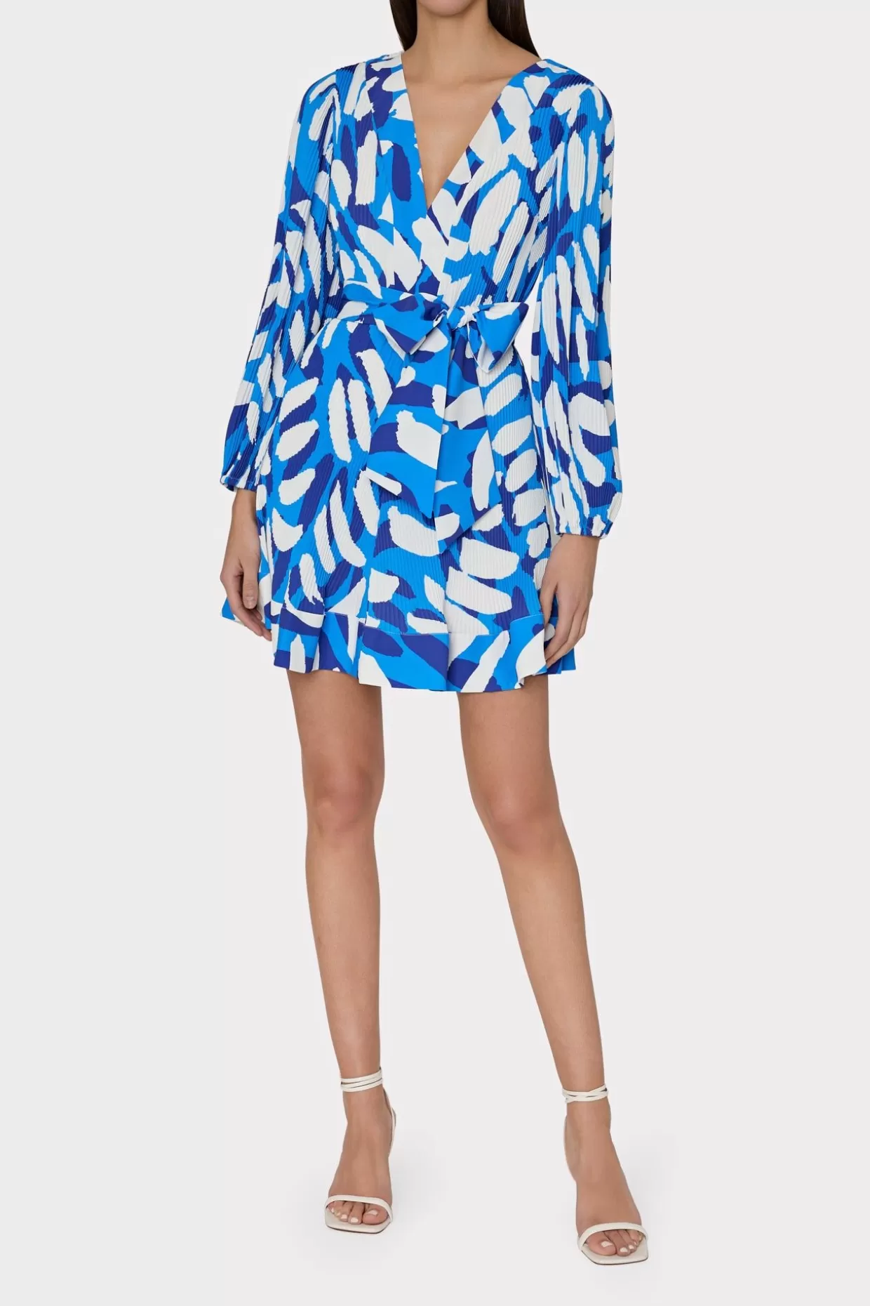 Mini Dresses-MILLY Liv Brushstroke Pleated Dress Blue Multi