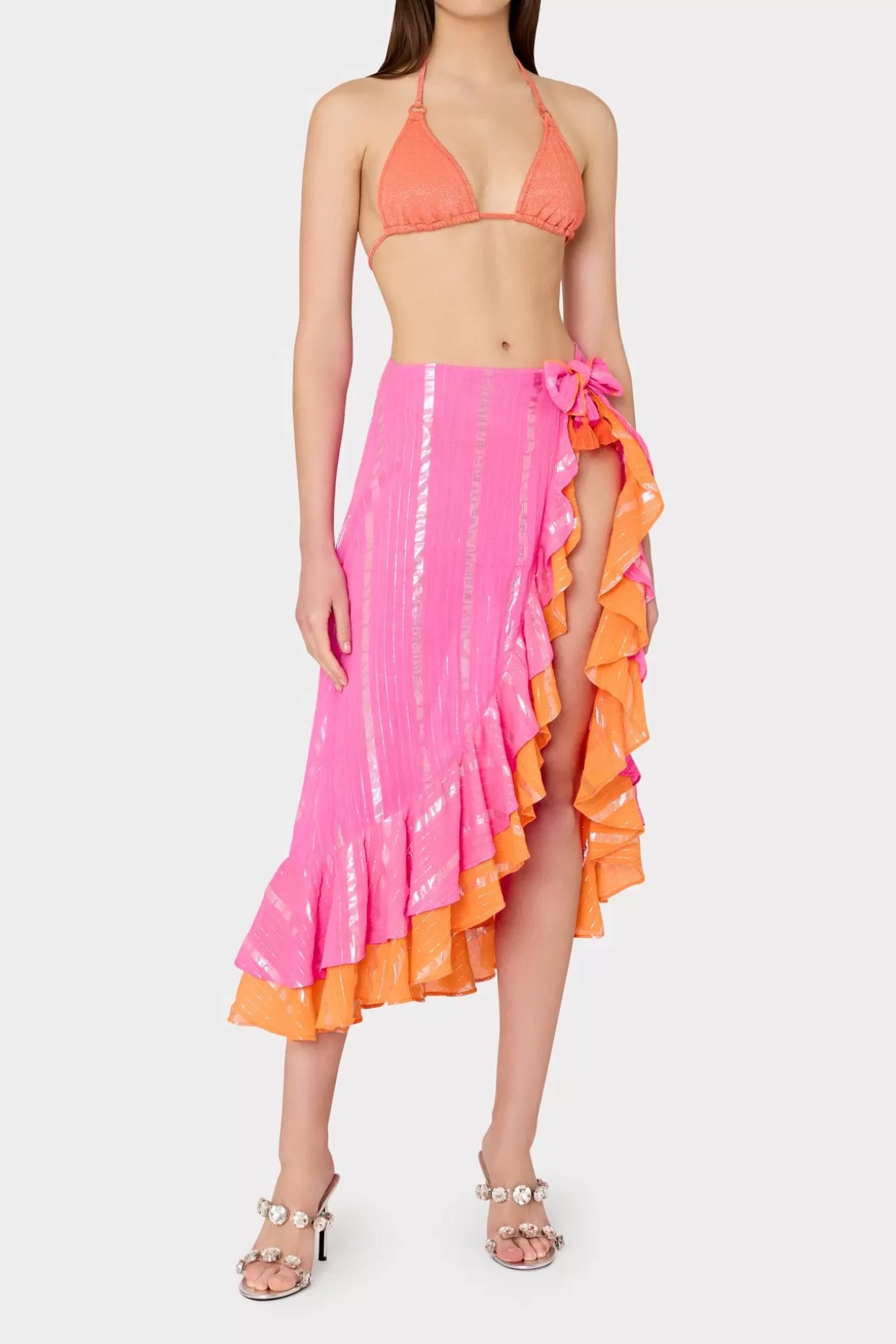 Cover-Ups-MILLY Lurex Stripe Ruffle Wrap Skirt Neon Pink/Orange