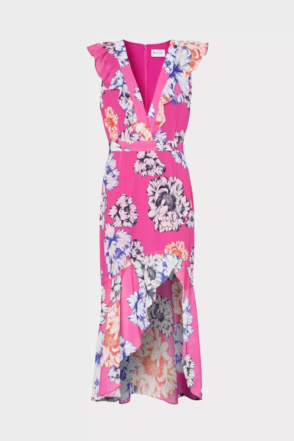 Cocktail Dresses-MILLY Nanci Petals In Bloom Ruffle Dress Pink Multi