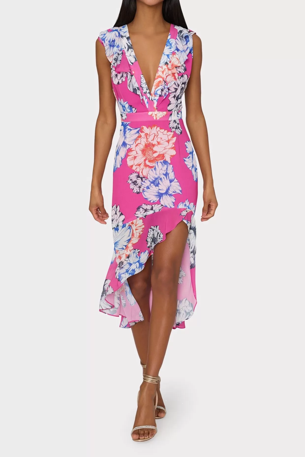 Cocktail Dresses-MILLY Nanci Petals In Bloom Ruffle Dress Pink Multi