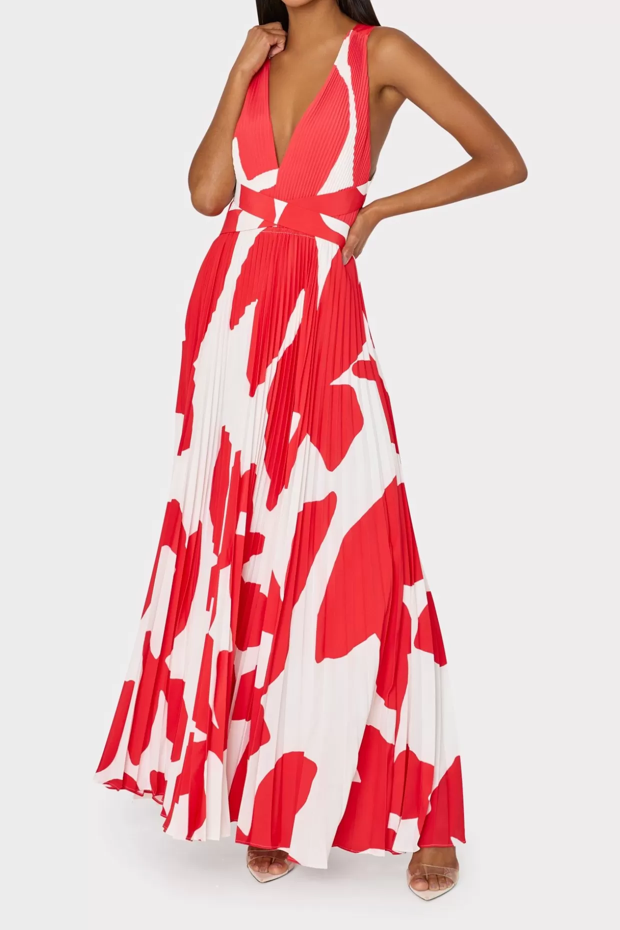 Evening Gowns-MILLY Oria Grand Foliage Pleated Dress Red/White