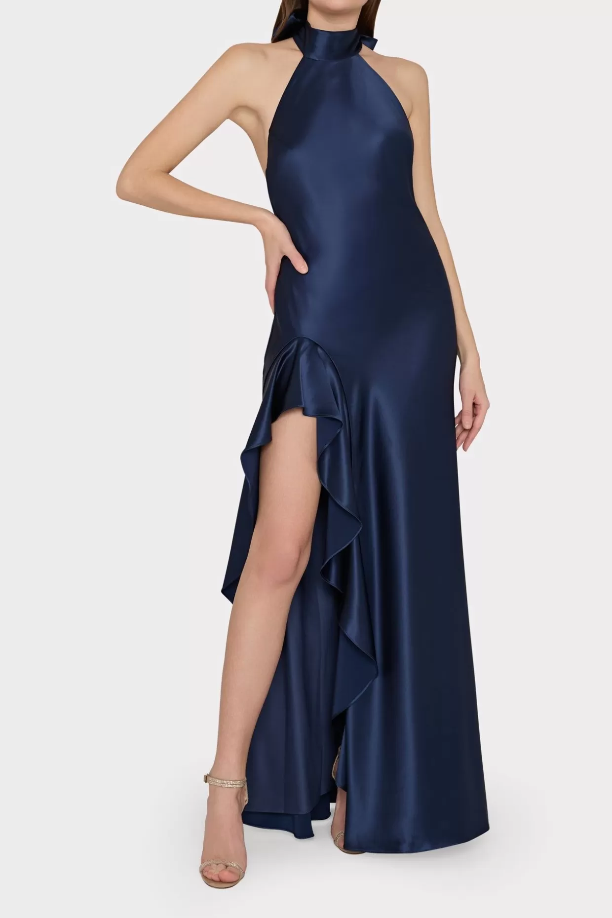 Evening Gowns-MILLY Roux Hammered Satin Gown Navy