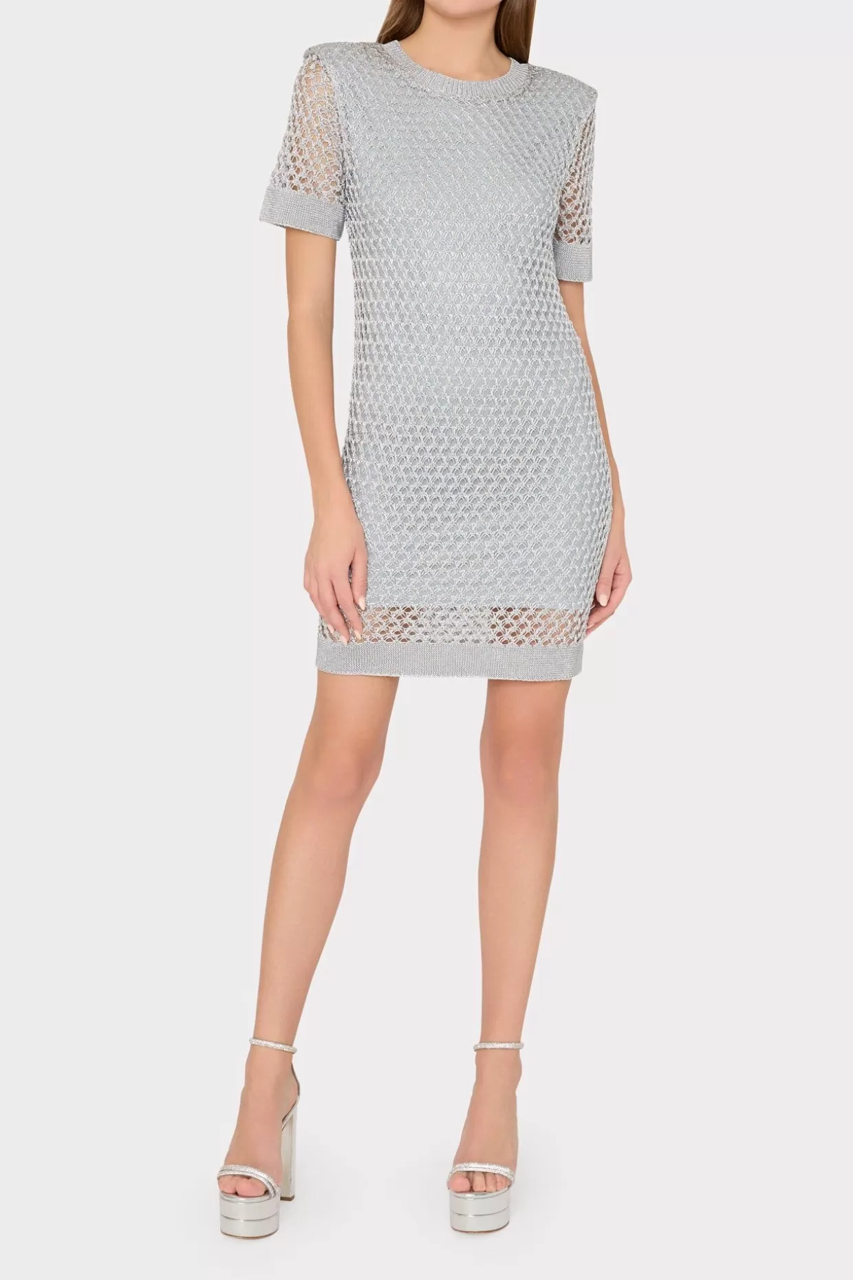 Knit Dresses-MILLY Sinclair Metallic Mesh Mini Dress Silver