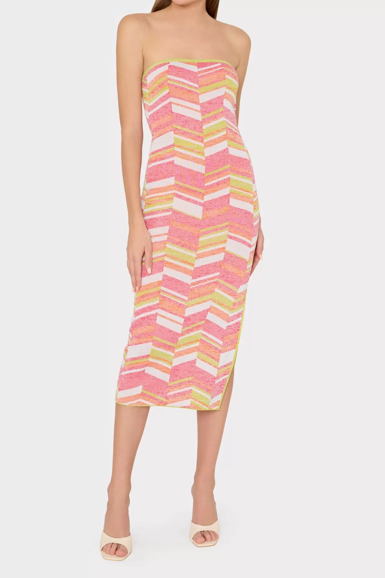 Cover-Ups-MILLY Strapless Multicolor Chevron Knit Dress Chartreuse Multi