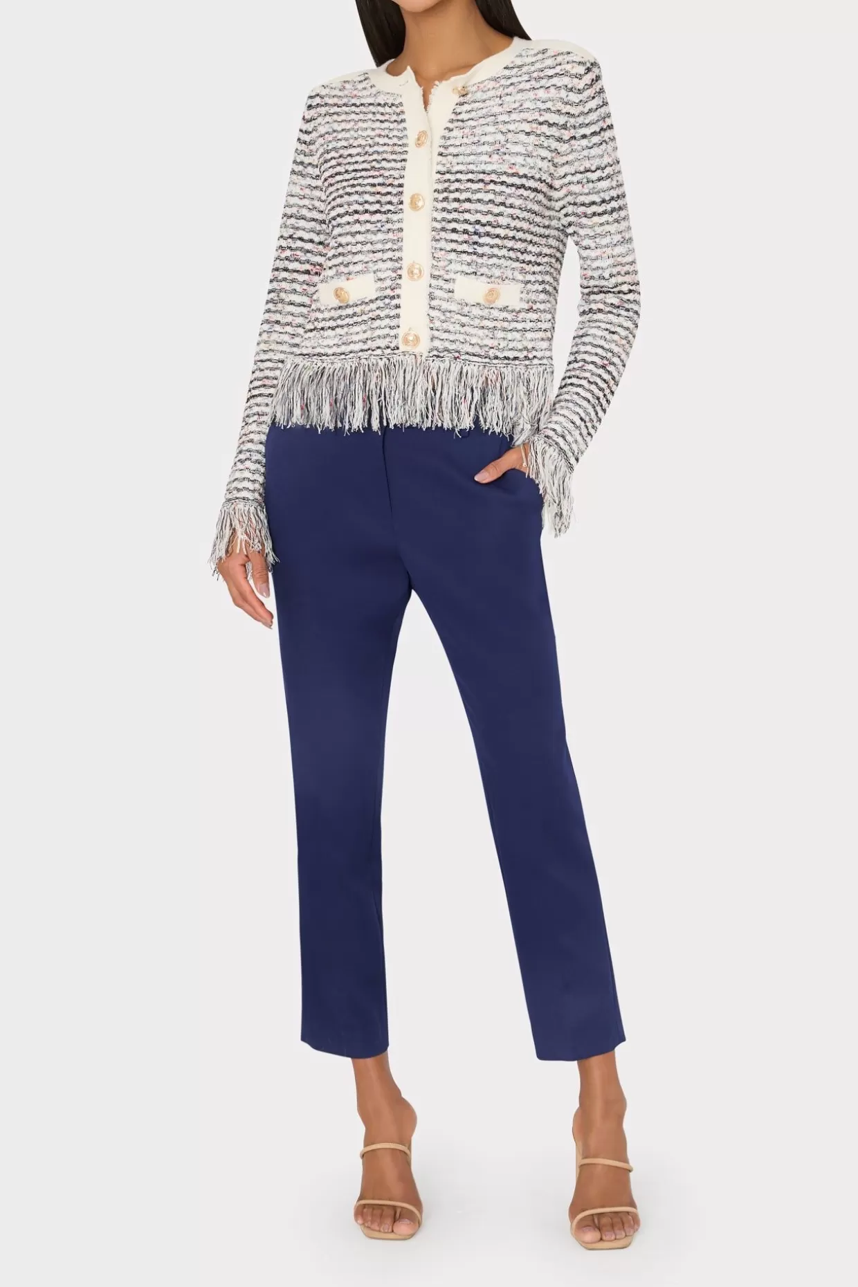 Sweaters & Knits-MILLY Textured Fringe Cardigan Jacket Ecru Multi