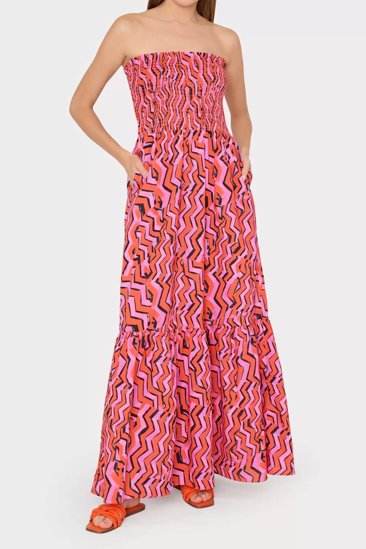 Cover-Ups-MILLY Viona Painted Chevron Cotton Voile Dress Coral Multi