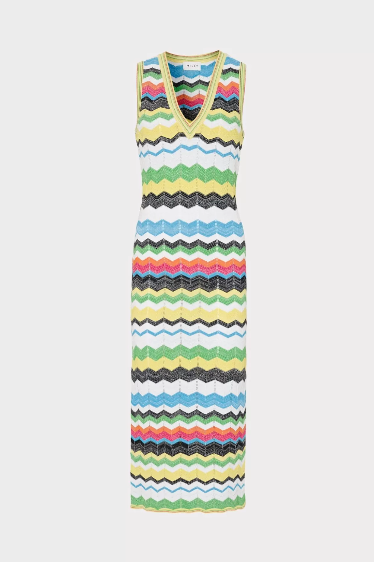 Knit Dresses-MILLY V-Neck Zig Zag Midi Dress Yellow Multi