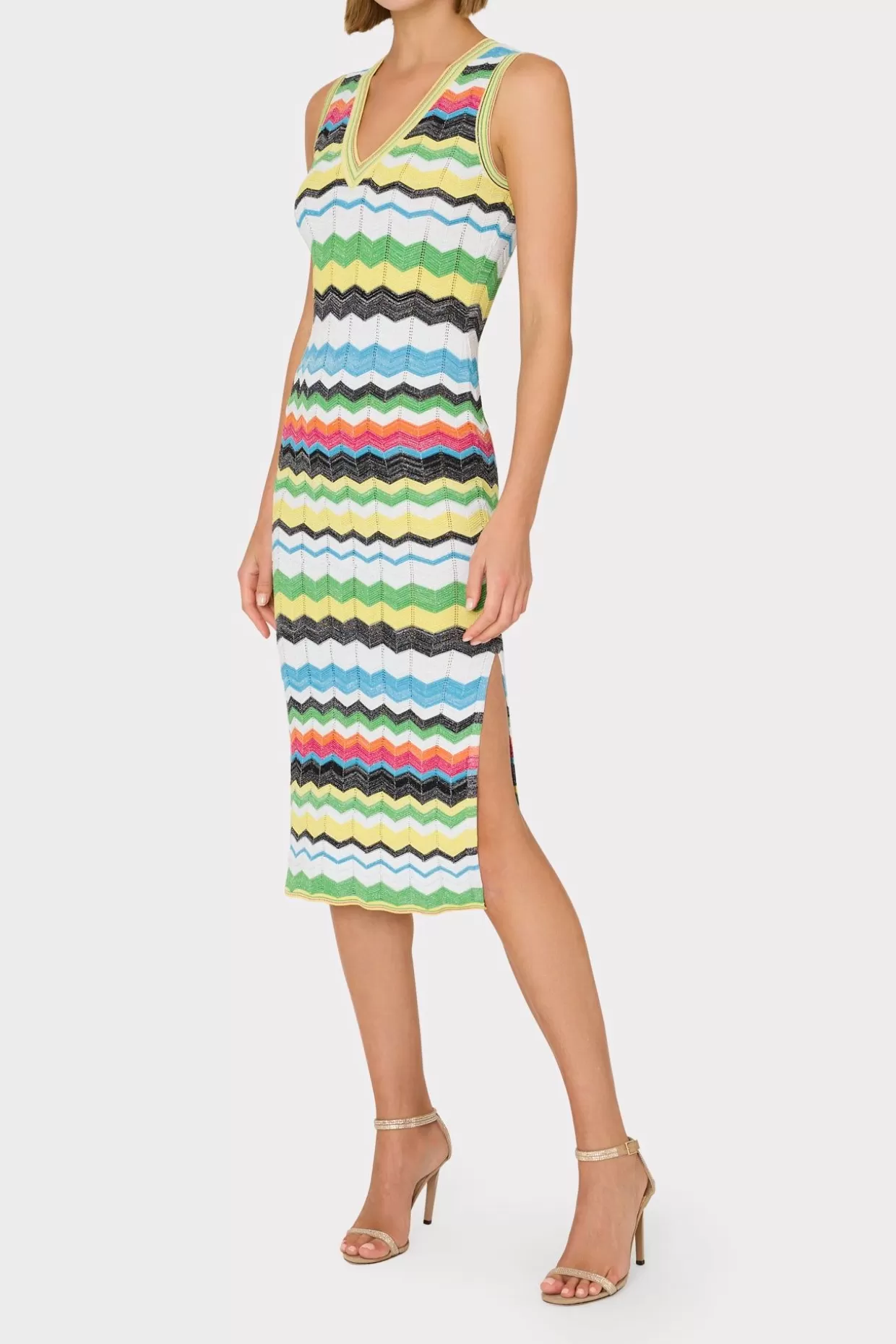 Knit Dresses-MILLY V-Neck Zig Zag Midi Dress Yellow Multi