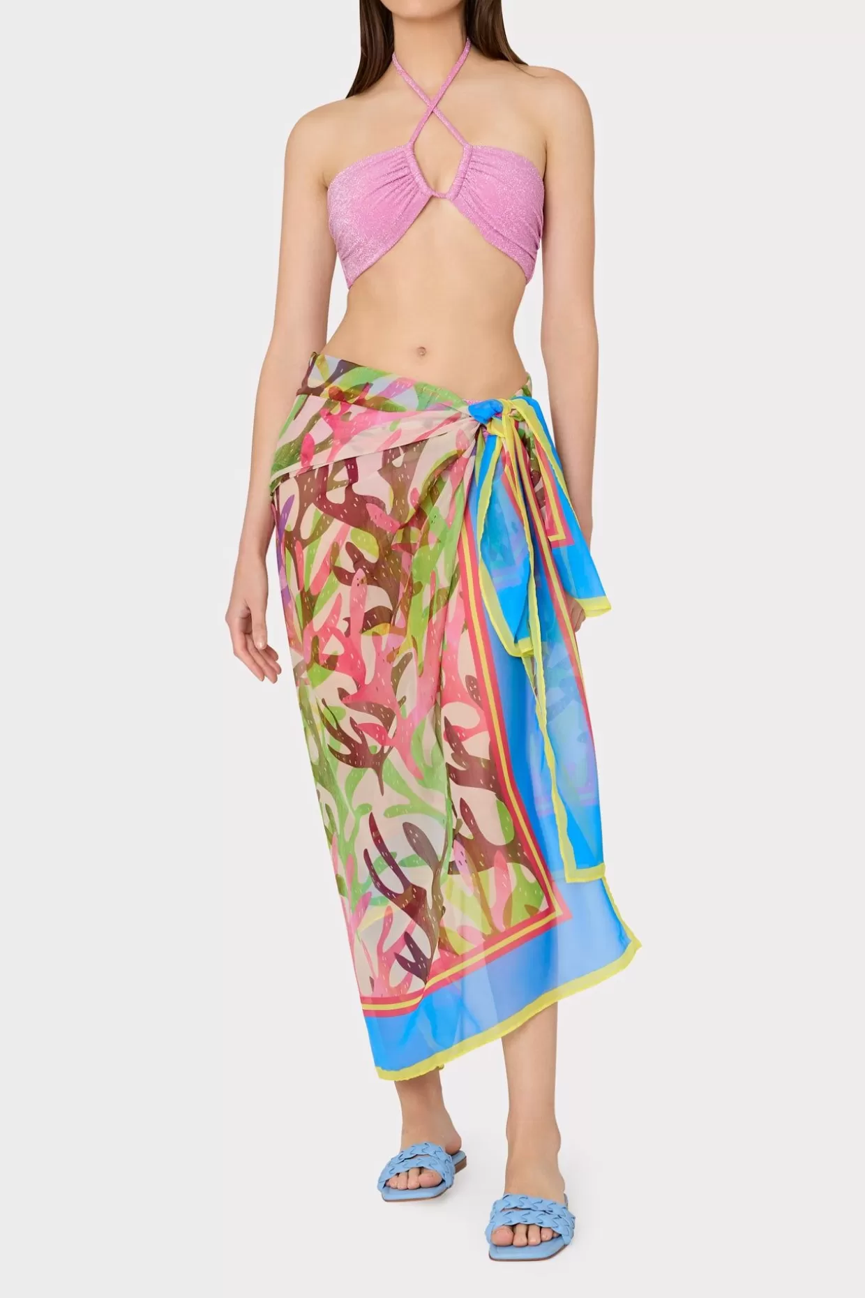 Cover-Ups-MILLY Watercolor Caribbean Coral Chiffon Sarong Green Multi